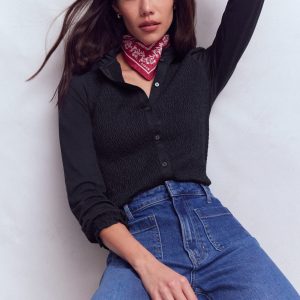 Supersoft Smocked button top-Navy