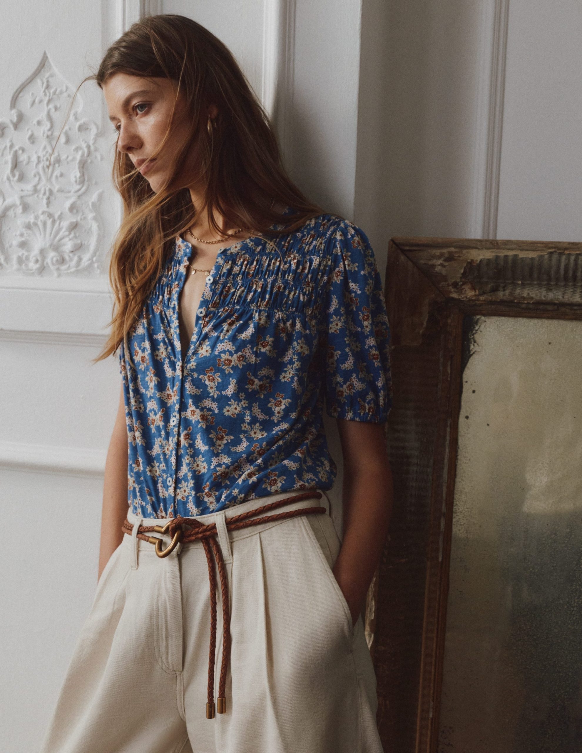 Mya Short Sleeve Smocked Shirt-True Navy. Dainty Blooms - Image 5