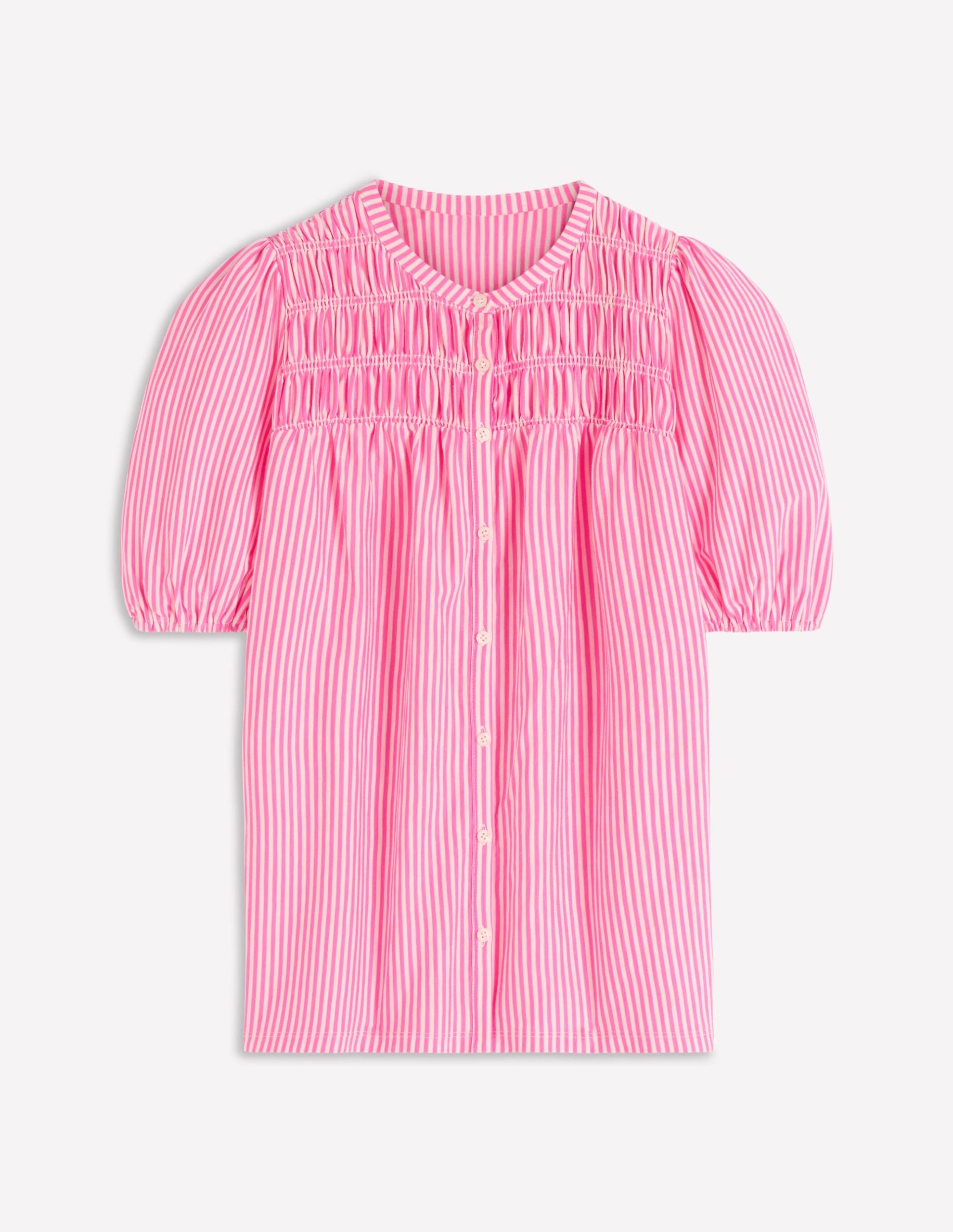 Mya Short Sleeve Smocked Shirt-Pink Punch and Ivory Stripe - Image 6