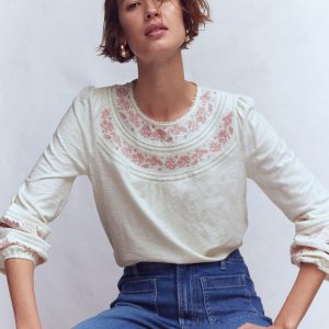 Rosie Embroidered Jersey Top-Ivory