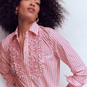 Sienna Trim Detail Shirt-Ivory. Pink stripe