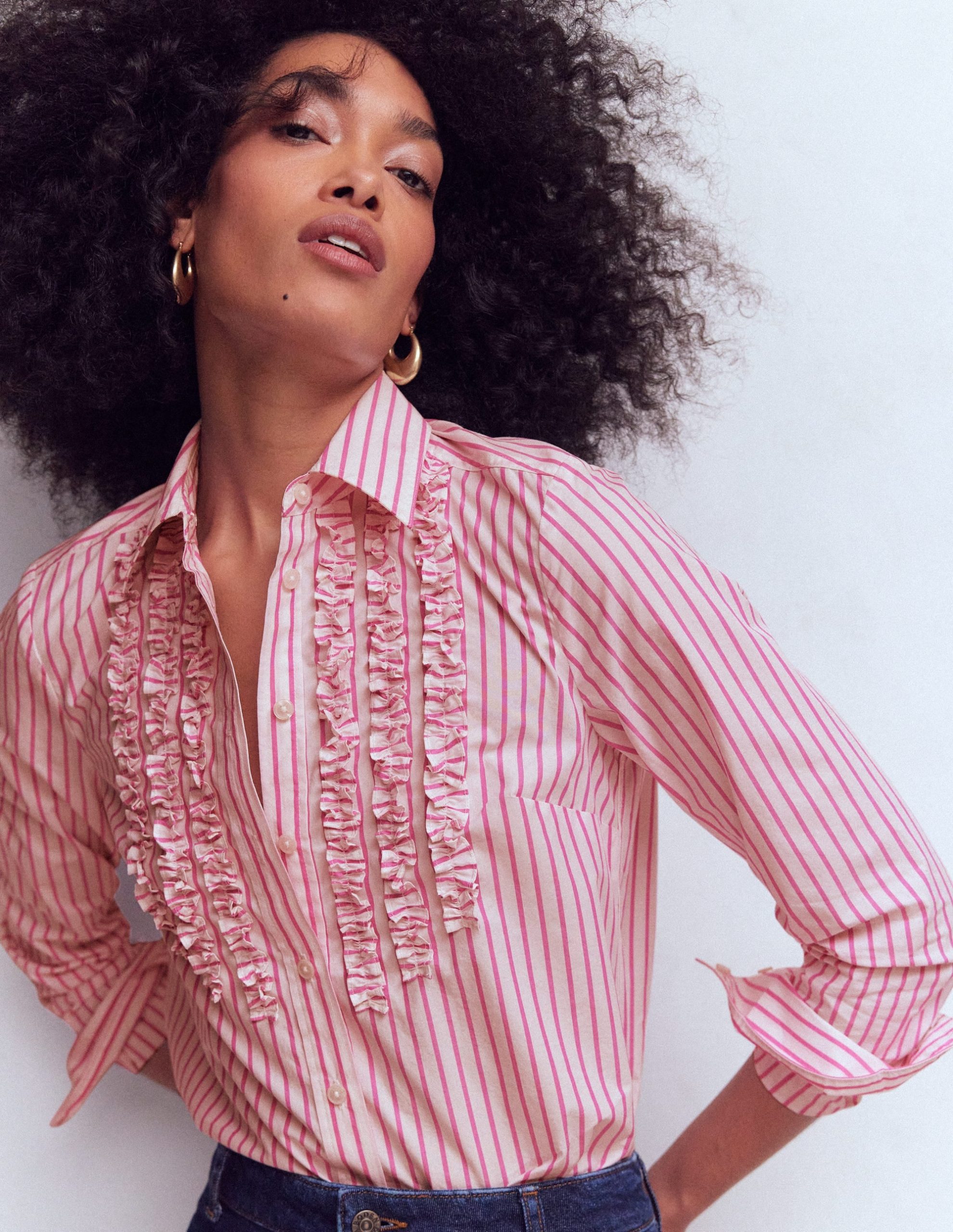 Sienna Trim Detail Shirt-Ivory. Pink stripe