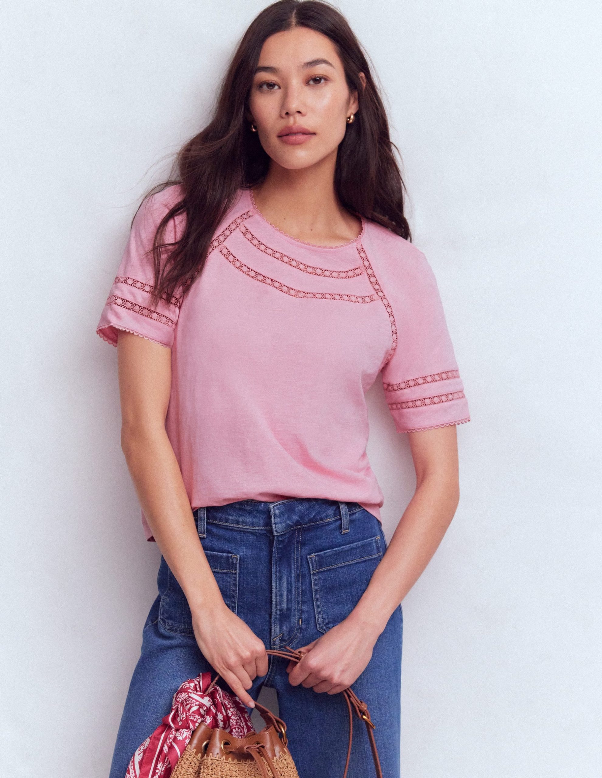 Poppy Trim Crew T-shirt-Pink Dolphin - Image 4