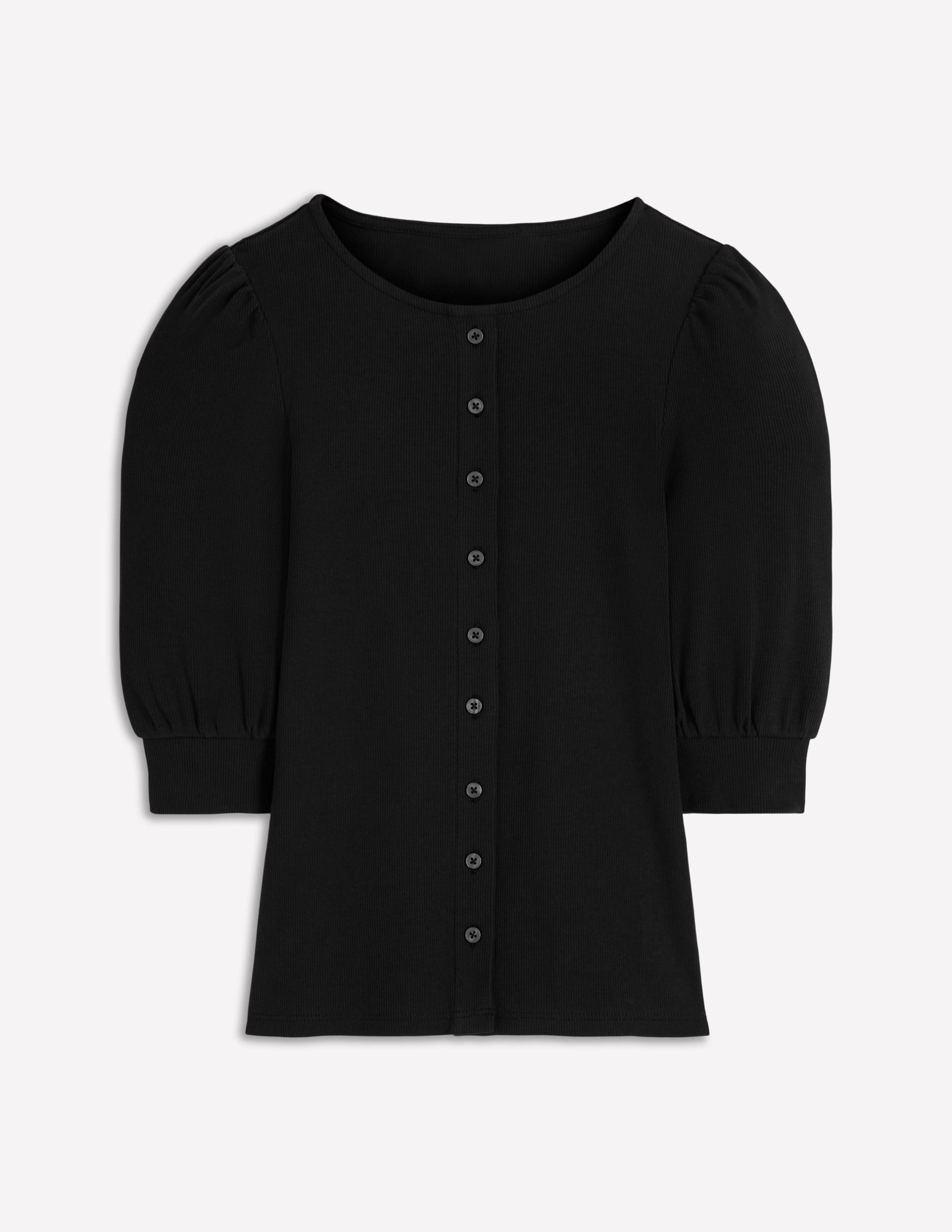 Evie Ribbed Puff Sleeve Top-Black - Image 4