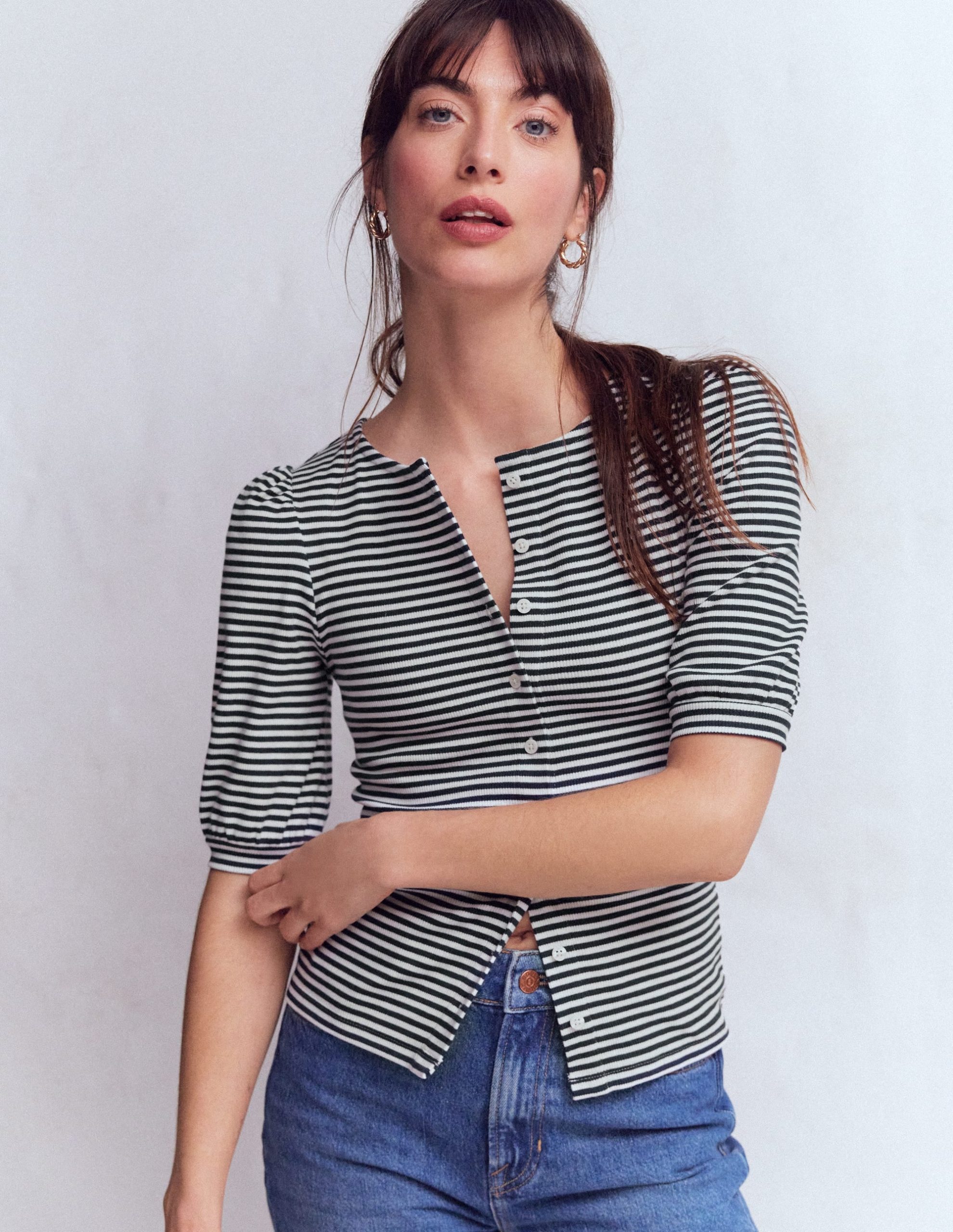 Evie Ribbed Puff Sleeve Top-Ivory. Navy Stripe
