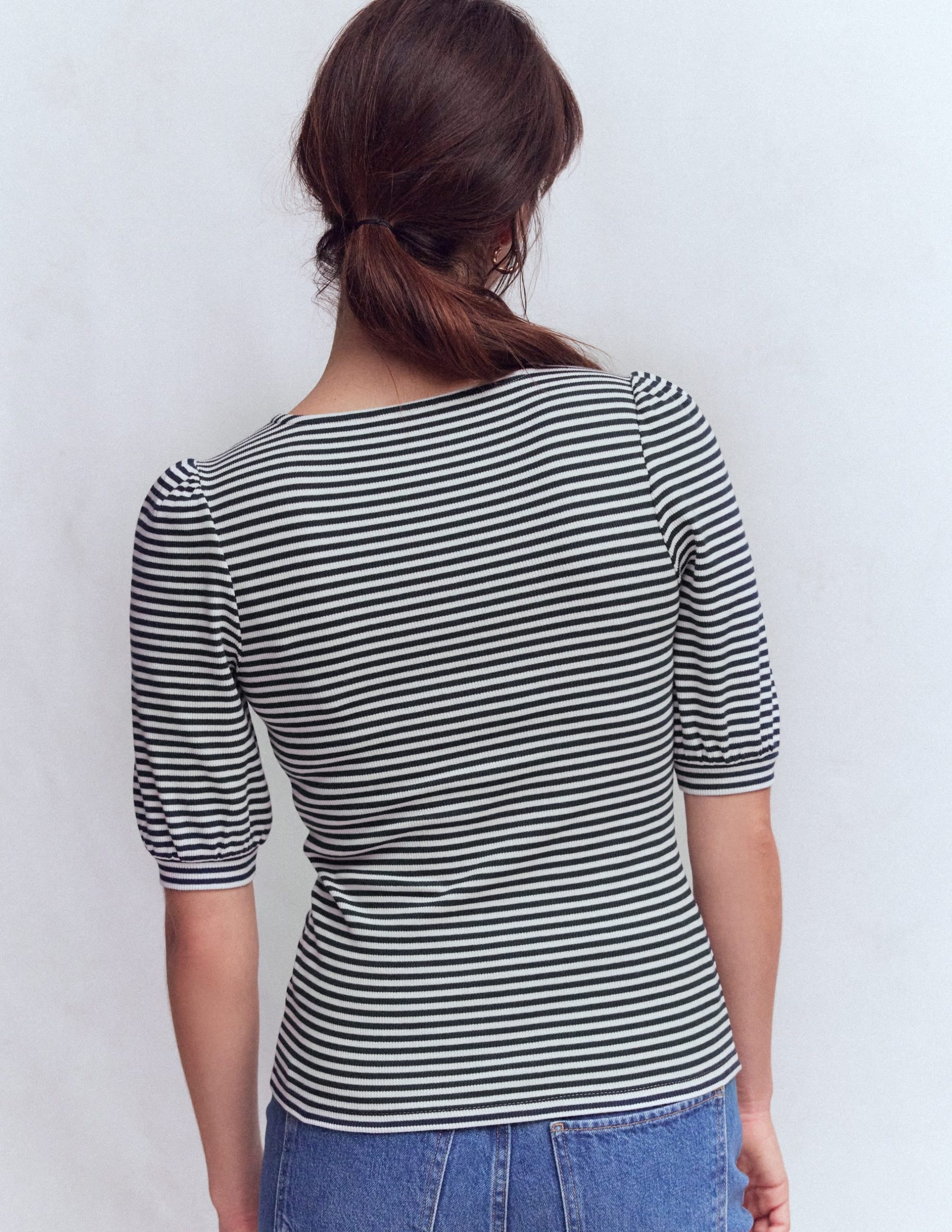 Evie Ribbed Puff Sleeve Top-Ivory. Navy Stripe - Image 3