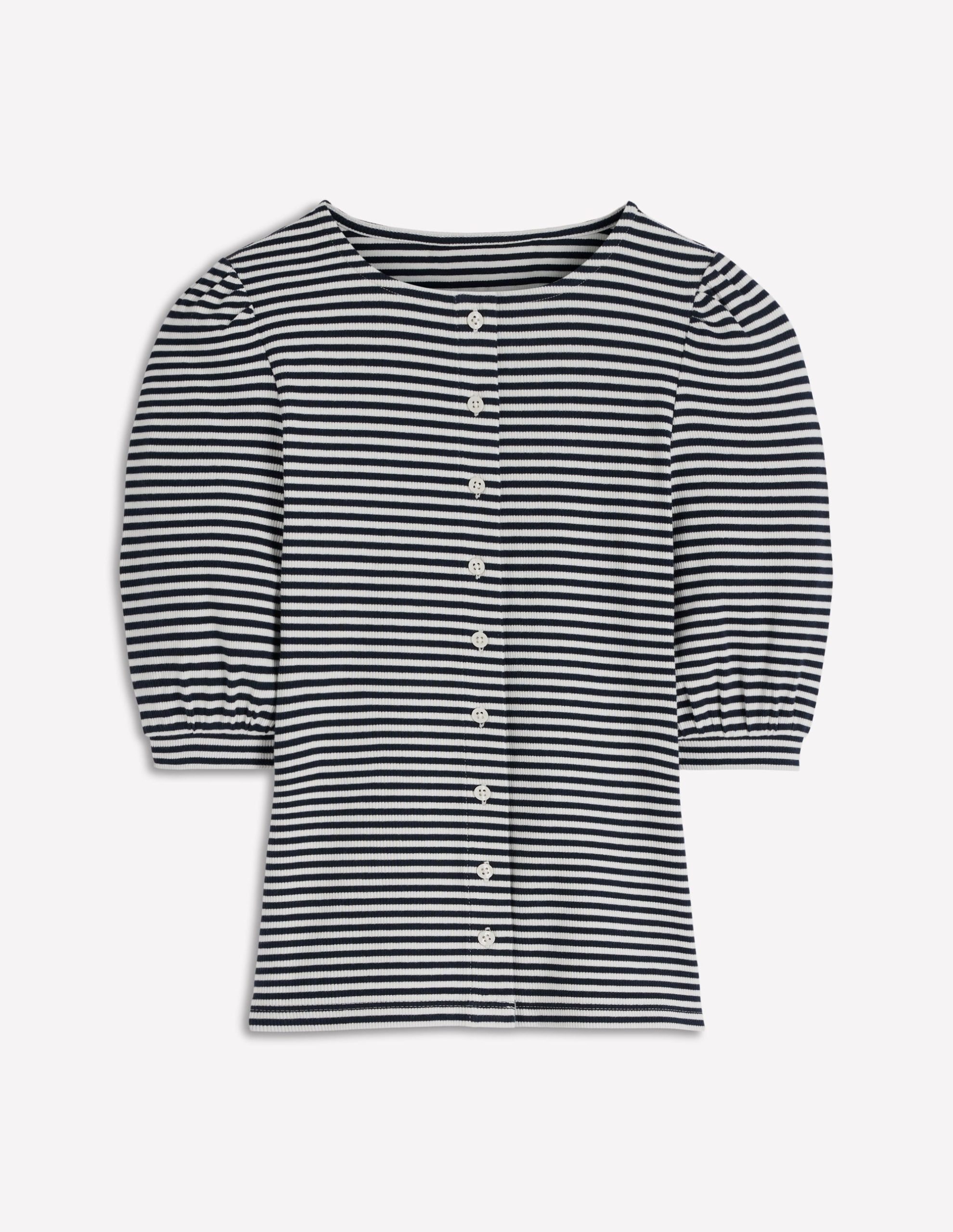 Evie Ribbed Puff Sleeve Top-Ivory. Navy Stripe - Image 4