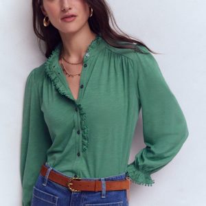 Emily Pom Trim Ruffle Shirt-Deep Jungle
