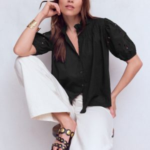 Cutwork Puff Sleeve Top-Black