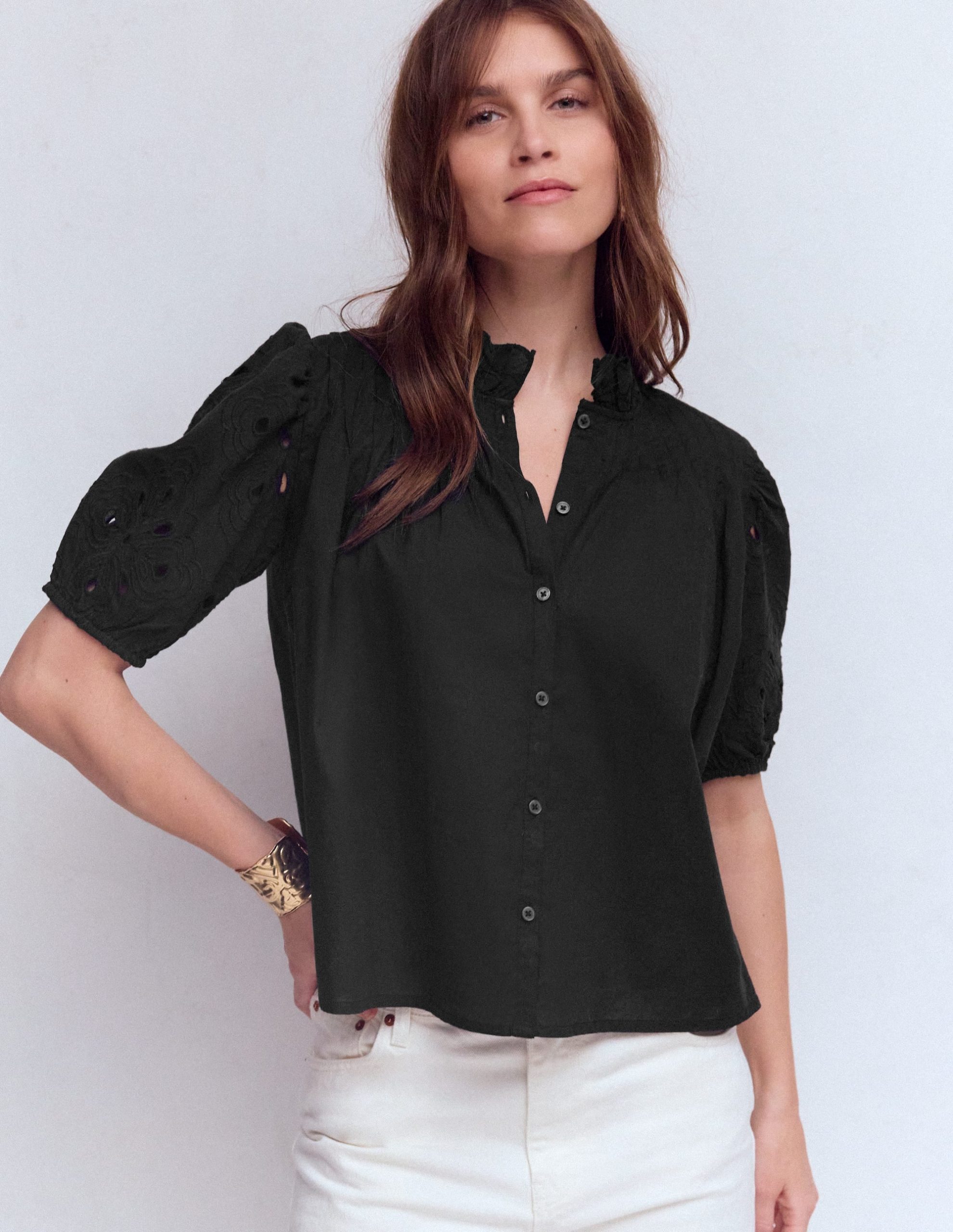 Cutwork Puff Sleeve Top-Black - Image 4