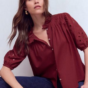 Cutwork Puff Sleeve Top-Russet
