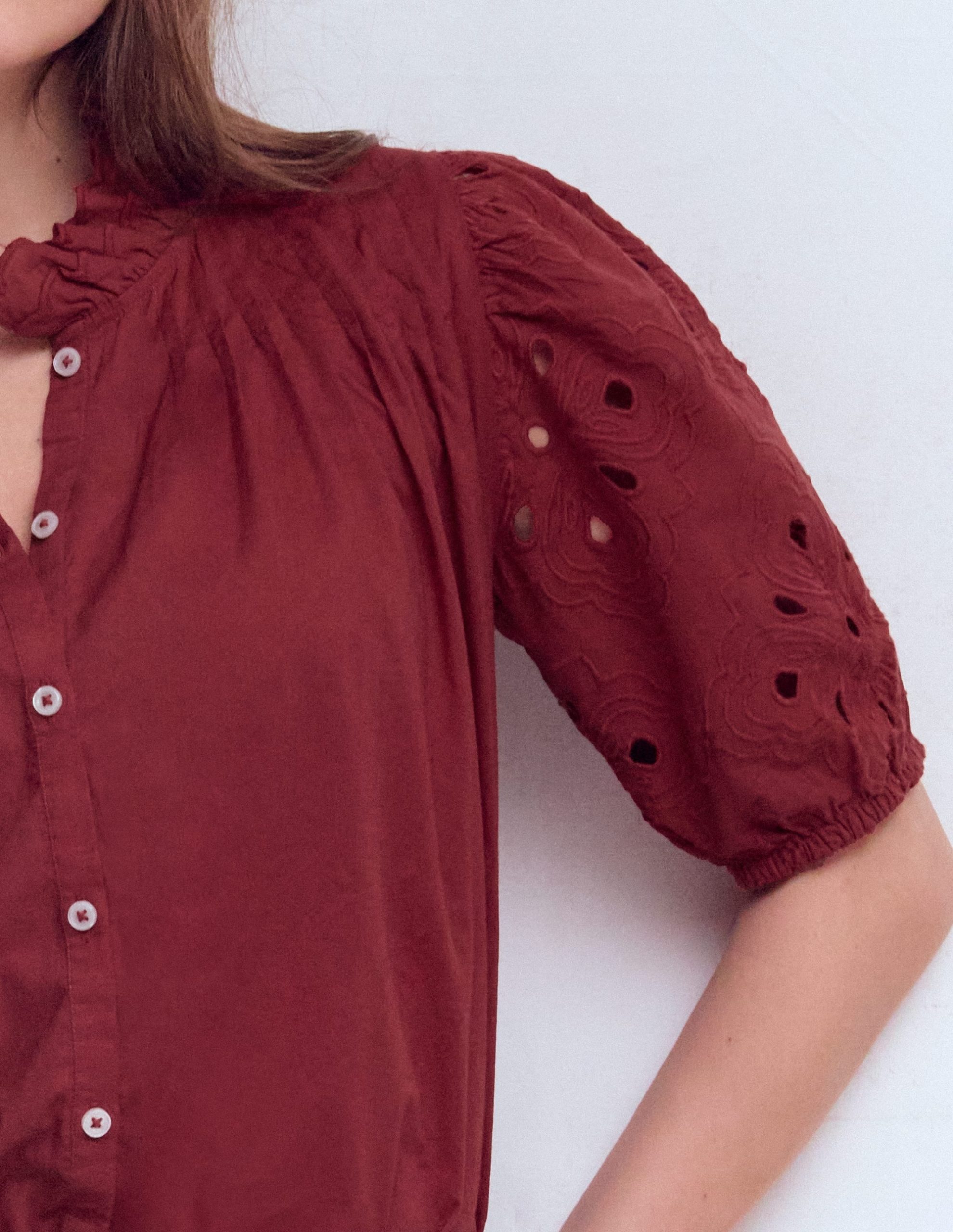Cutwork Puff Sleeve Top-Russet - Image 2
