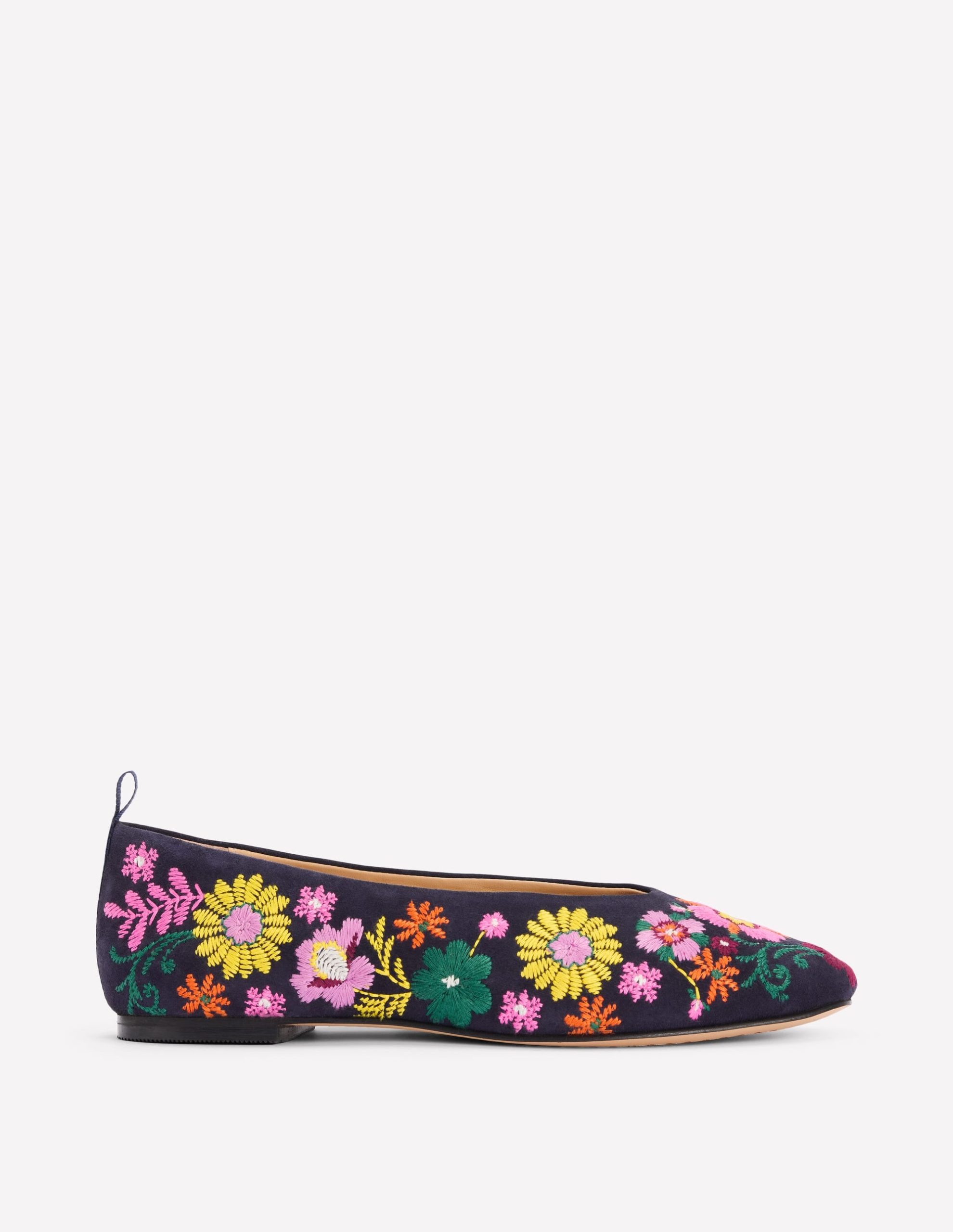 High Cut Ballet Flats-Navy/Embroidery
