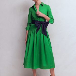Maxi Pleated Bow Dress-Green Navy