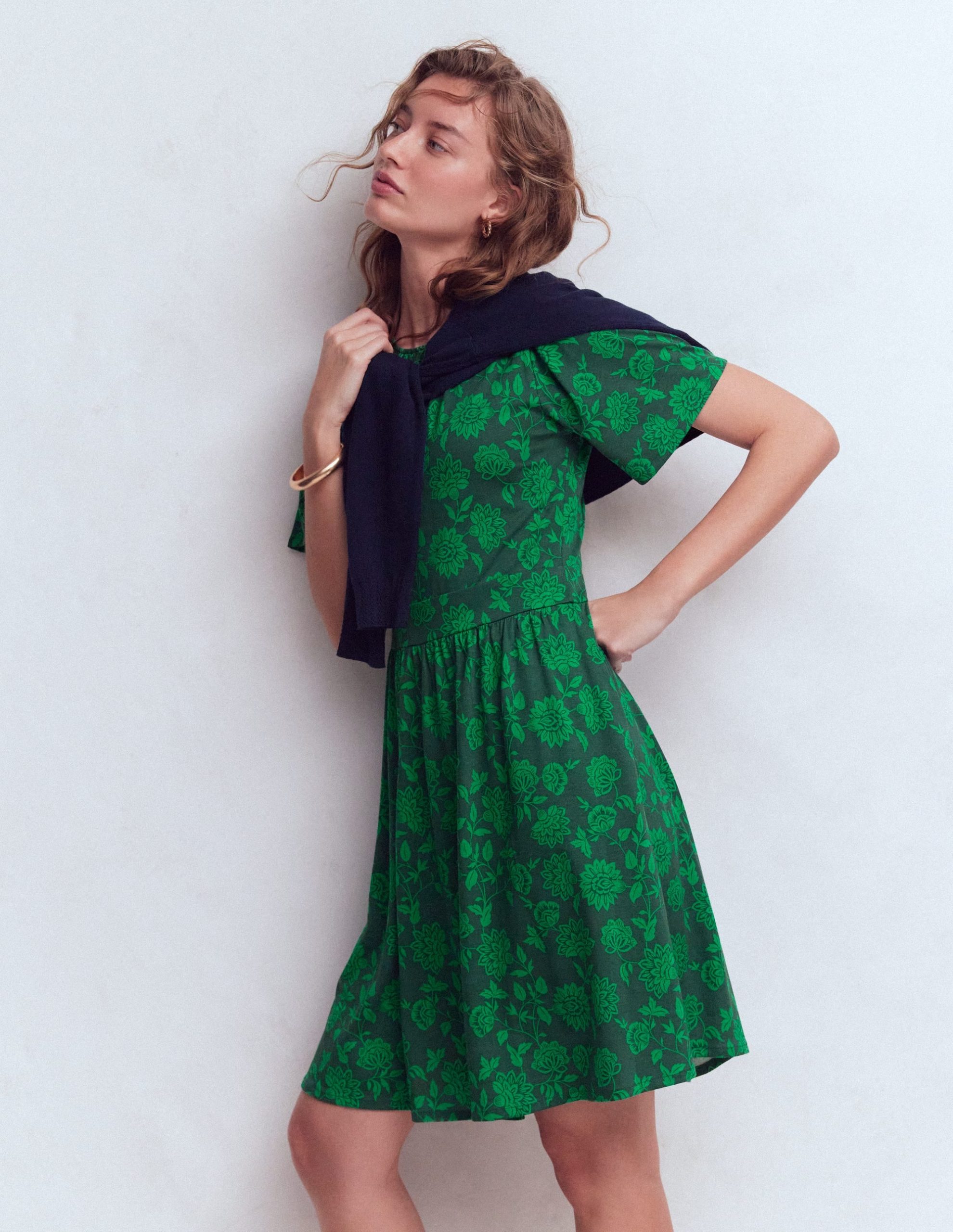 Louisa Short Jersey Dress-Midnight Teal. Floral Frenzy