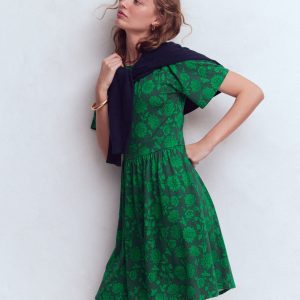 Louisa Short Jersey Dress-Midnight Teal. Floral Frenzy