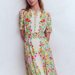 Kate Puff Sleeve Belted Dress-Ivory. Elegant Garden