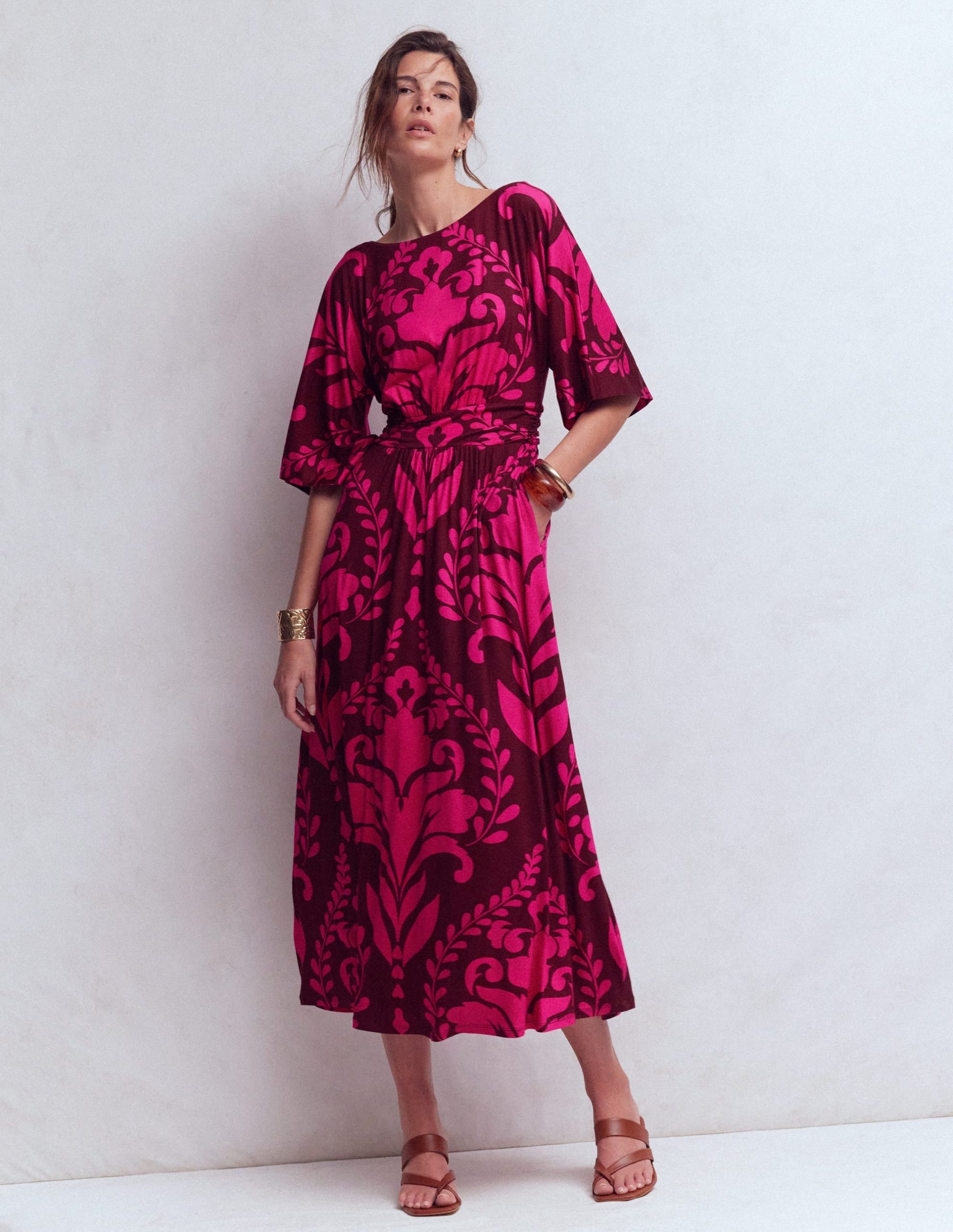 Imelda Kimono Jersey Dress-Pink Peony. Decorative Lattice - Image 4