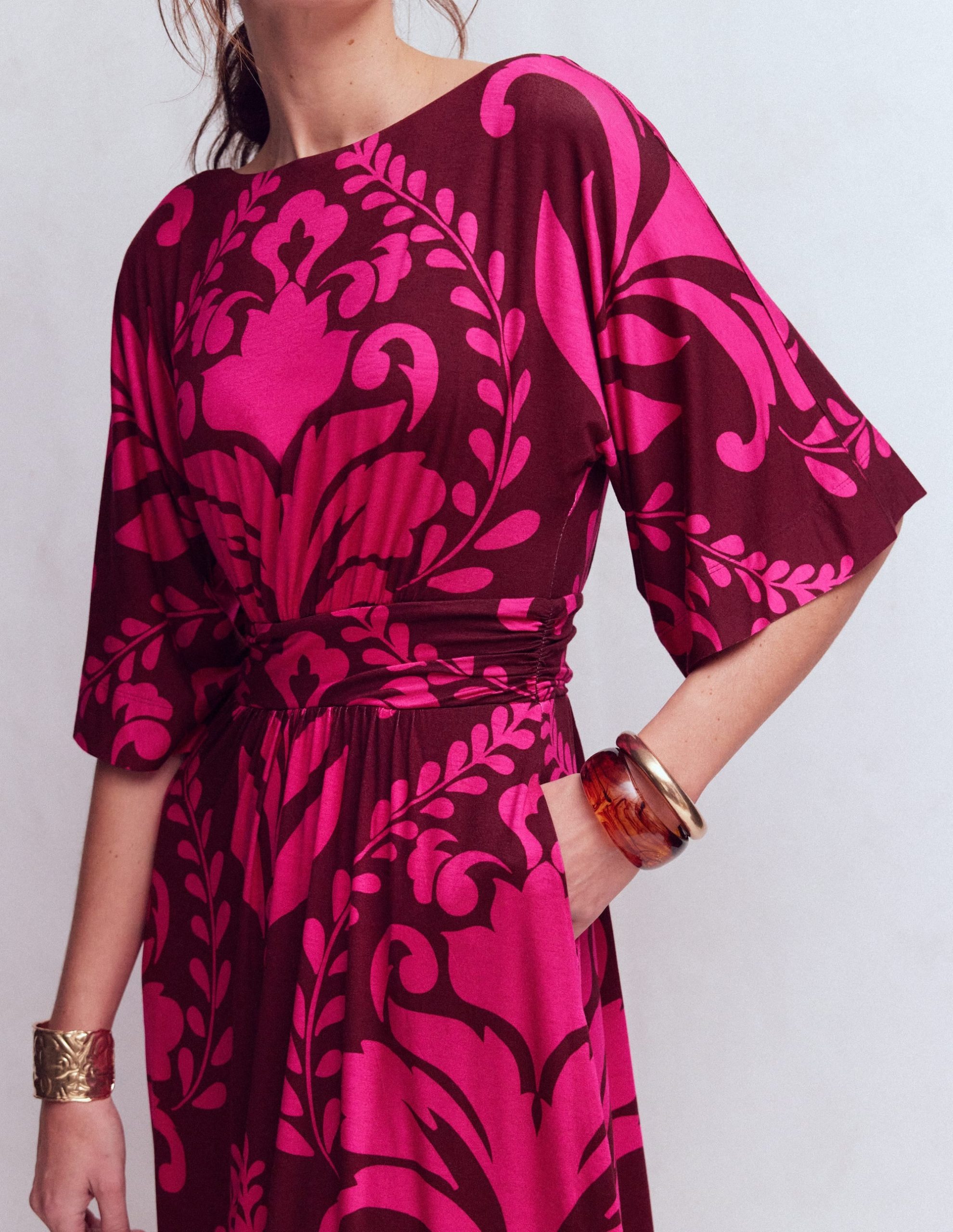 Imelda Kimono Jersey Dress-Pink Peony. Decorative Lattice - Image 5