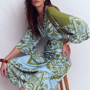 Nell Kimono Midi Jersey Dress-Olive. Ornamental Garden