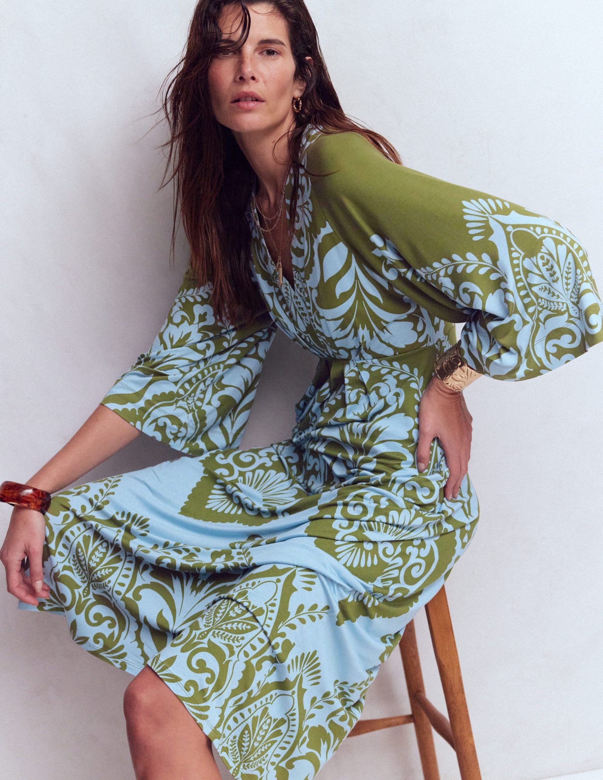 Nell Kimono Midi Jersey Dress-Olive. Ornamental Garden