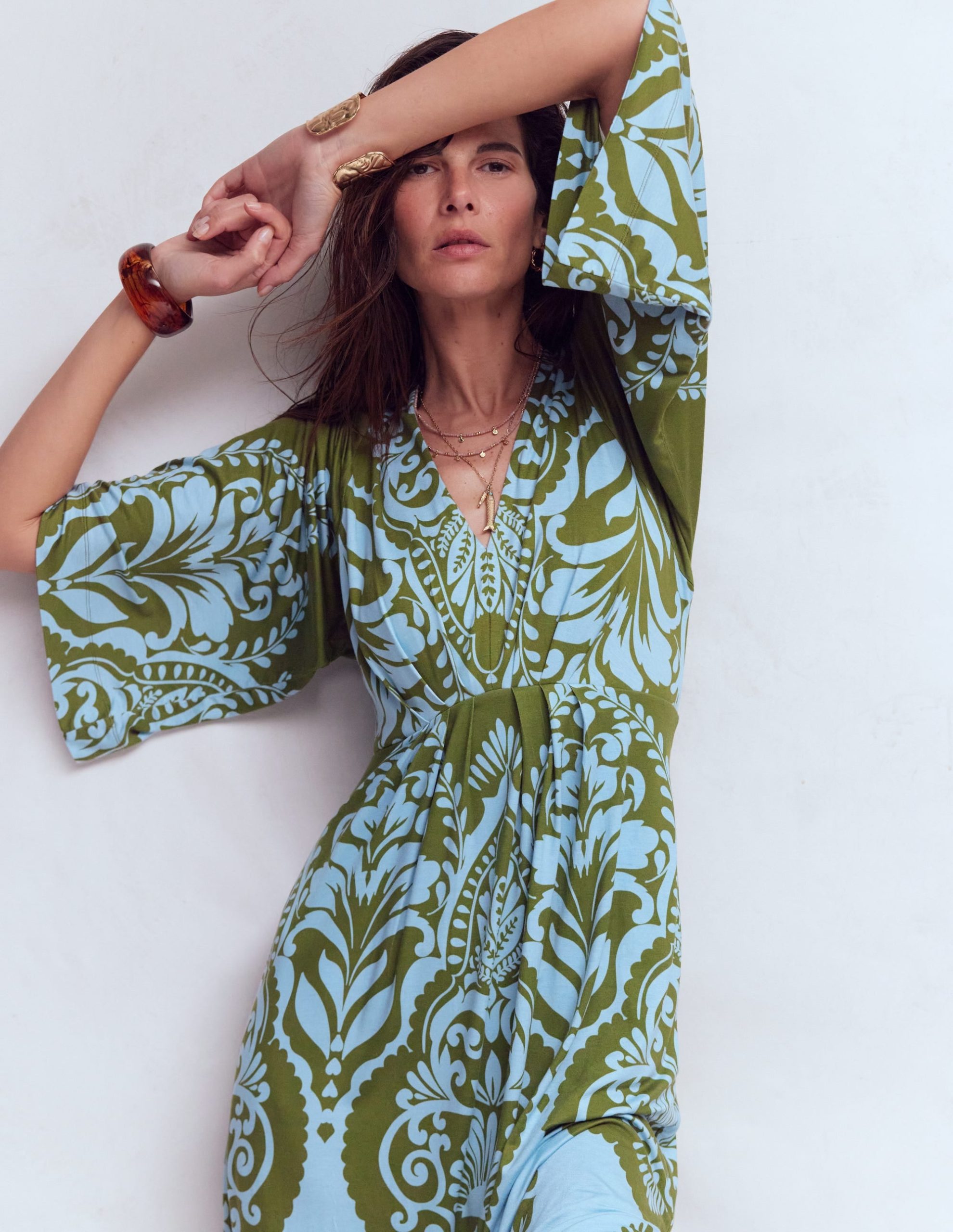 Nell Kimono Midi Jersey Dress-Olive. Ornamental Garden - Image 2