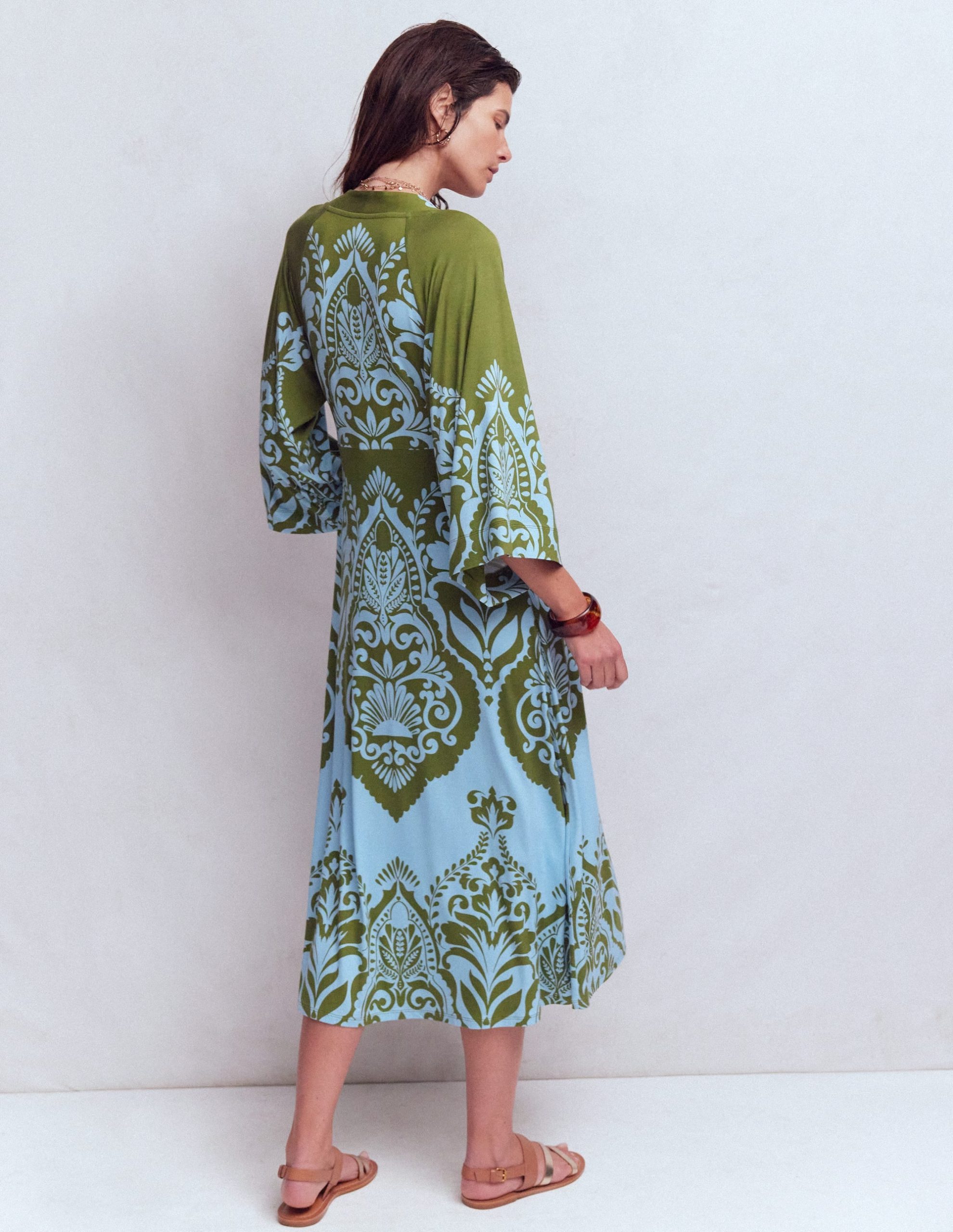 Nell Kimono Midi Jersey Dress-Olive. Ornamental Garden - Image 3
