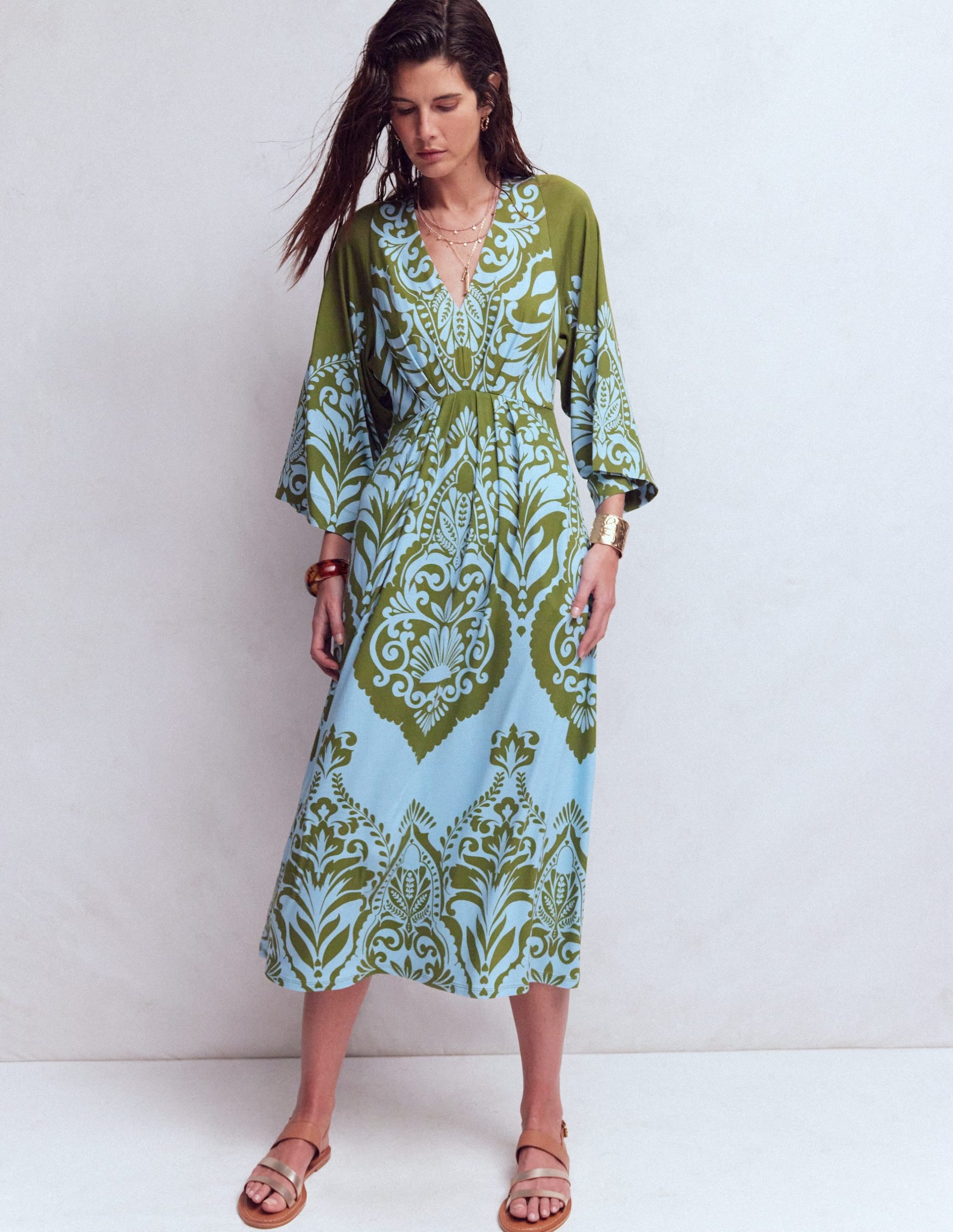 Nell Kimono Midi Jersey Dress-Olive. Ornamental Garden - Image 4