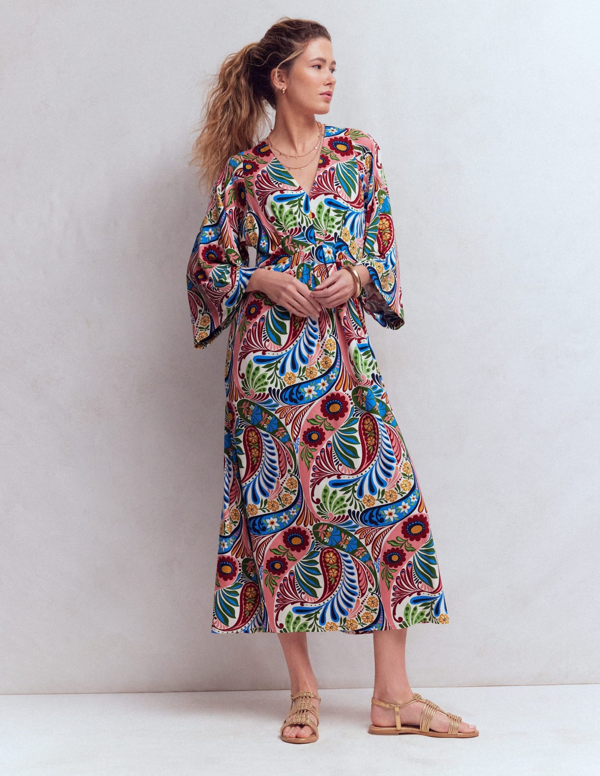 Nell Kimono Midi Jersey Dress-Multi. Enchanted Paisley
