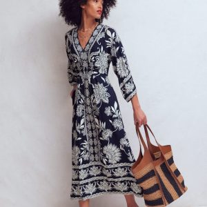 Nell Kimono Midi Jersey Dress-Navy. Elegant Blossom