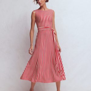 Tamsin Jersey Midi Dress-Merida Red and Ivory Stripe