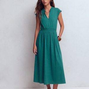Alba Smocked Jersey Midi Dress-Drake Green