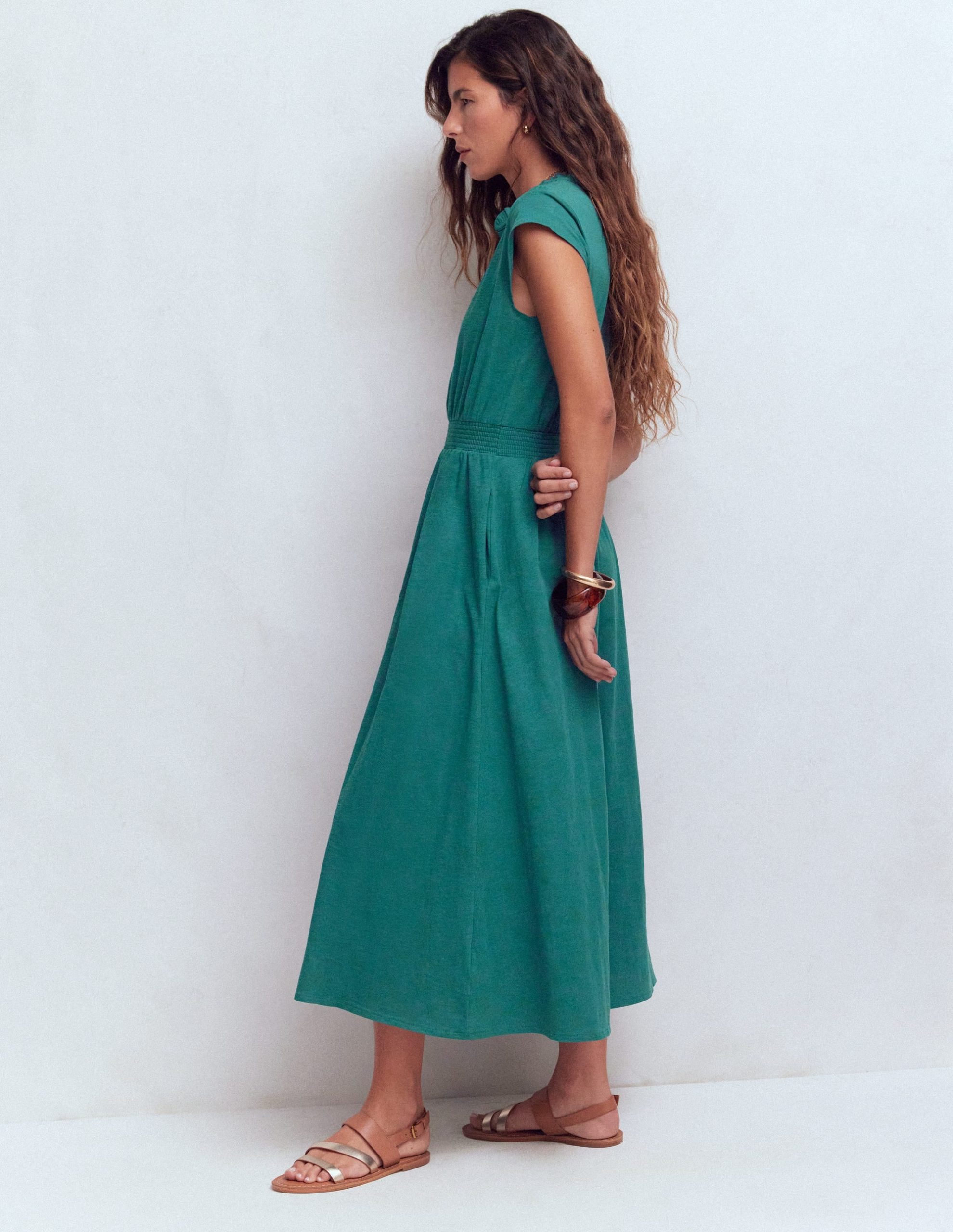 Alba Smocked Jersey Midi Dress-Drake Green - Image 4