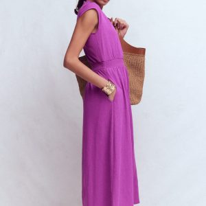 Alba Smocked Jersey Midi Dress-Damson