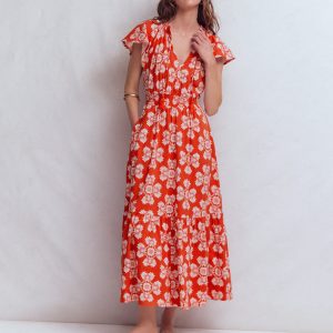 Tala Tiered Jersey Maxi Dress-Blood Orange. Botanical Charm