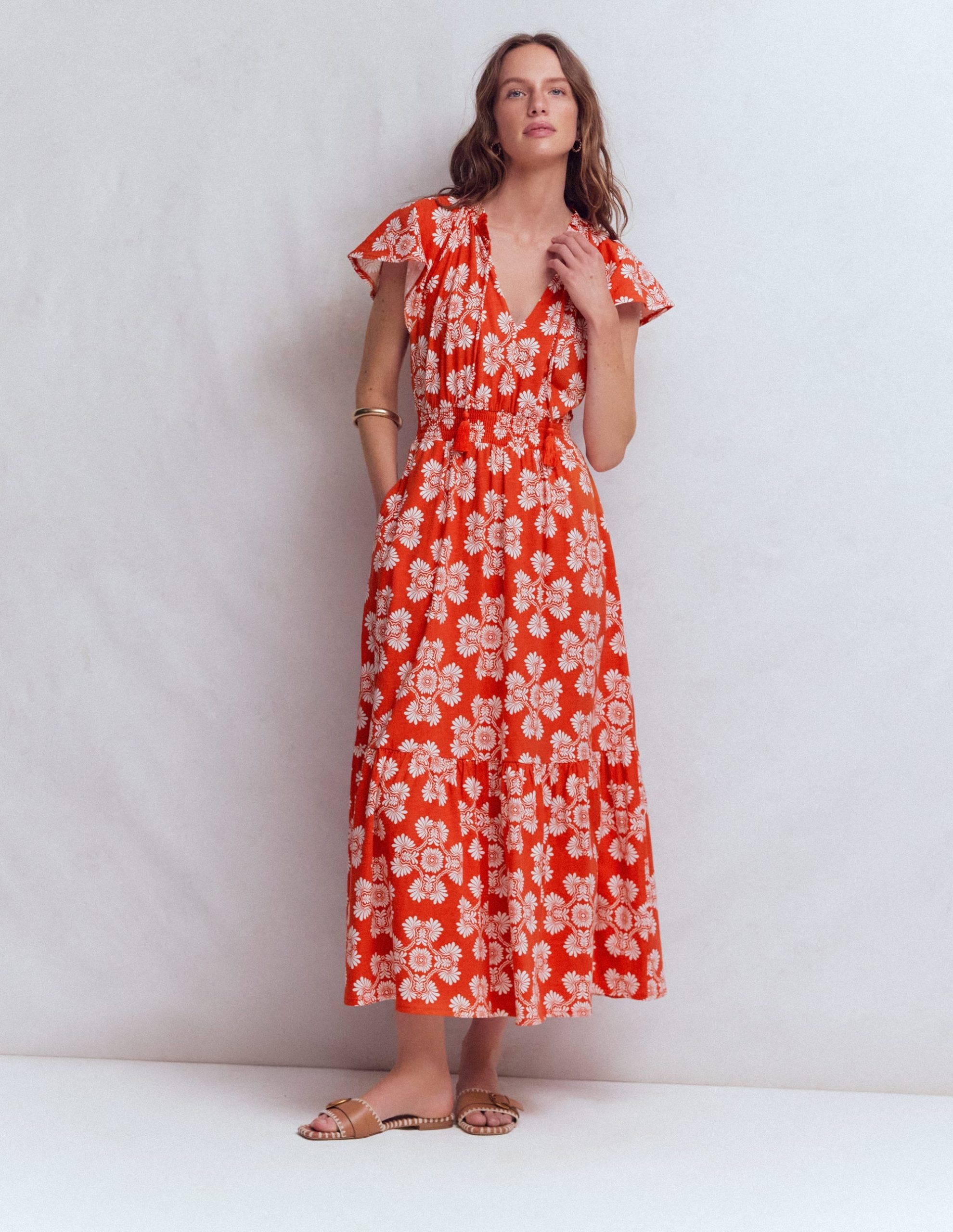 Tala Tiered Jersey Maxi Dress-Blood Orange. Botanical Charm