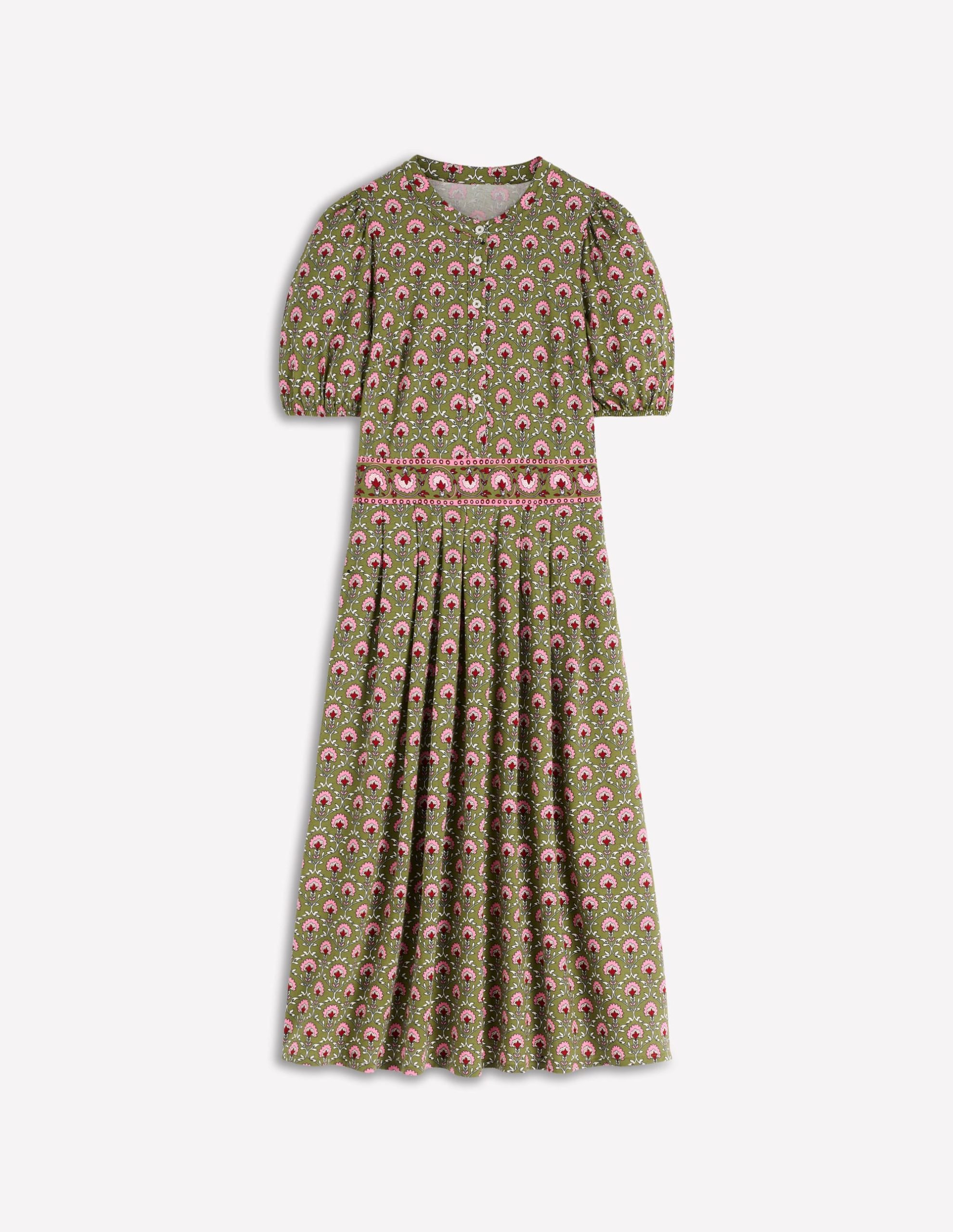 Amber Pleat Jersey Midi Dress-Olive. Flower Lattice - Image 4
