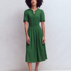 Amber Pleat Jersey Midi Dress-Hunter Green