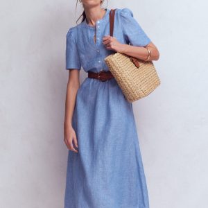 Ivy Button Linen Midi Dress-Summer Blue Chambray