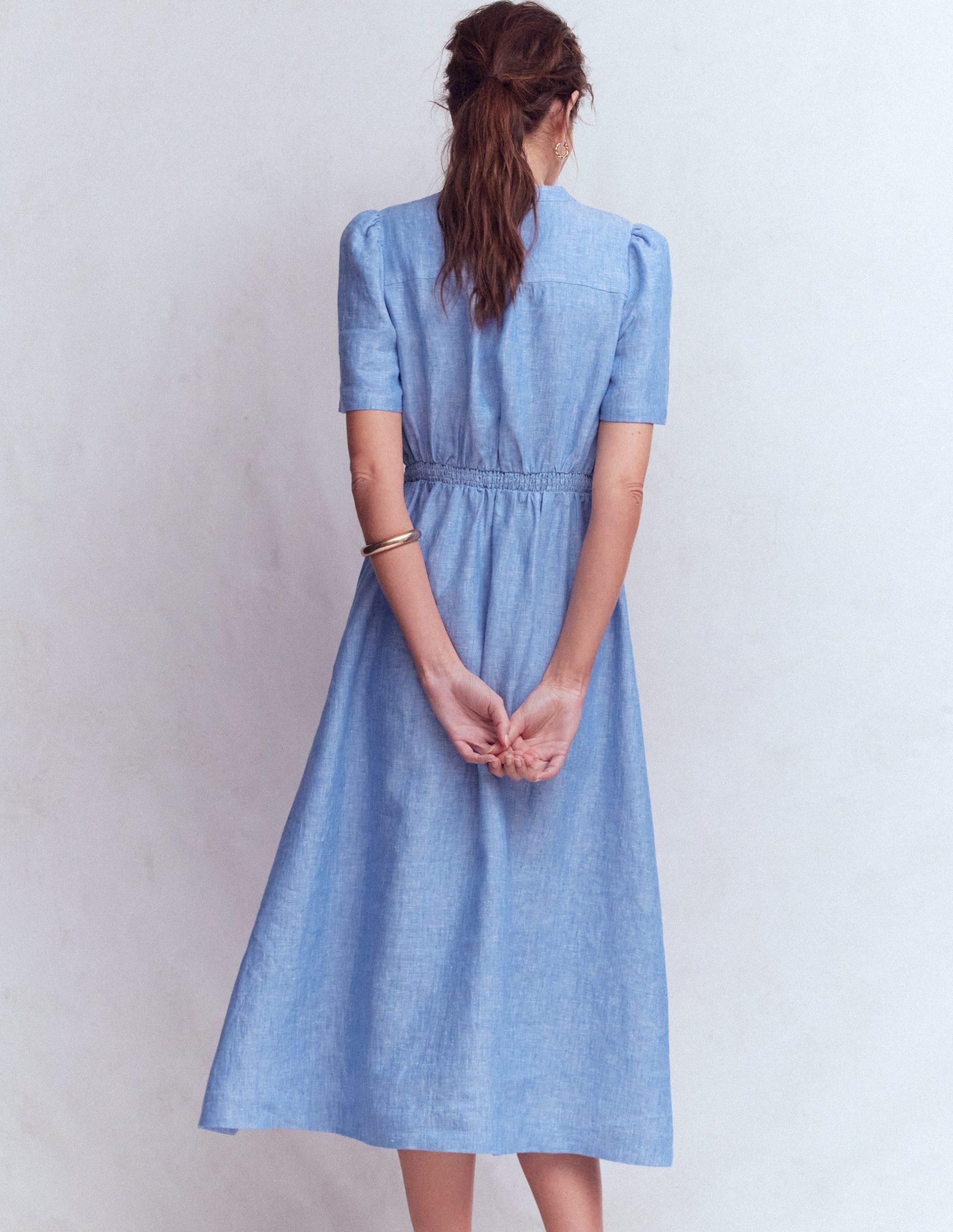 Ivy Button Linen Midi Dress-Summer Blue Chambray - Image 3