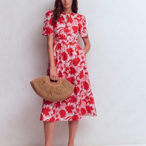 Ivy Button Linen Midi Dress-Red Shadow Blossom