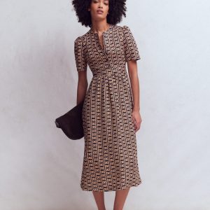 Ivy Button Linen Midi Dress-French Navy. Rope Trellis