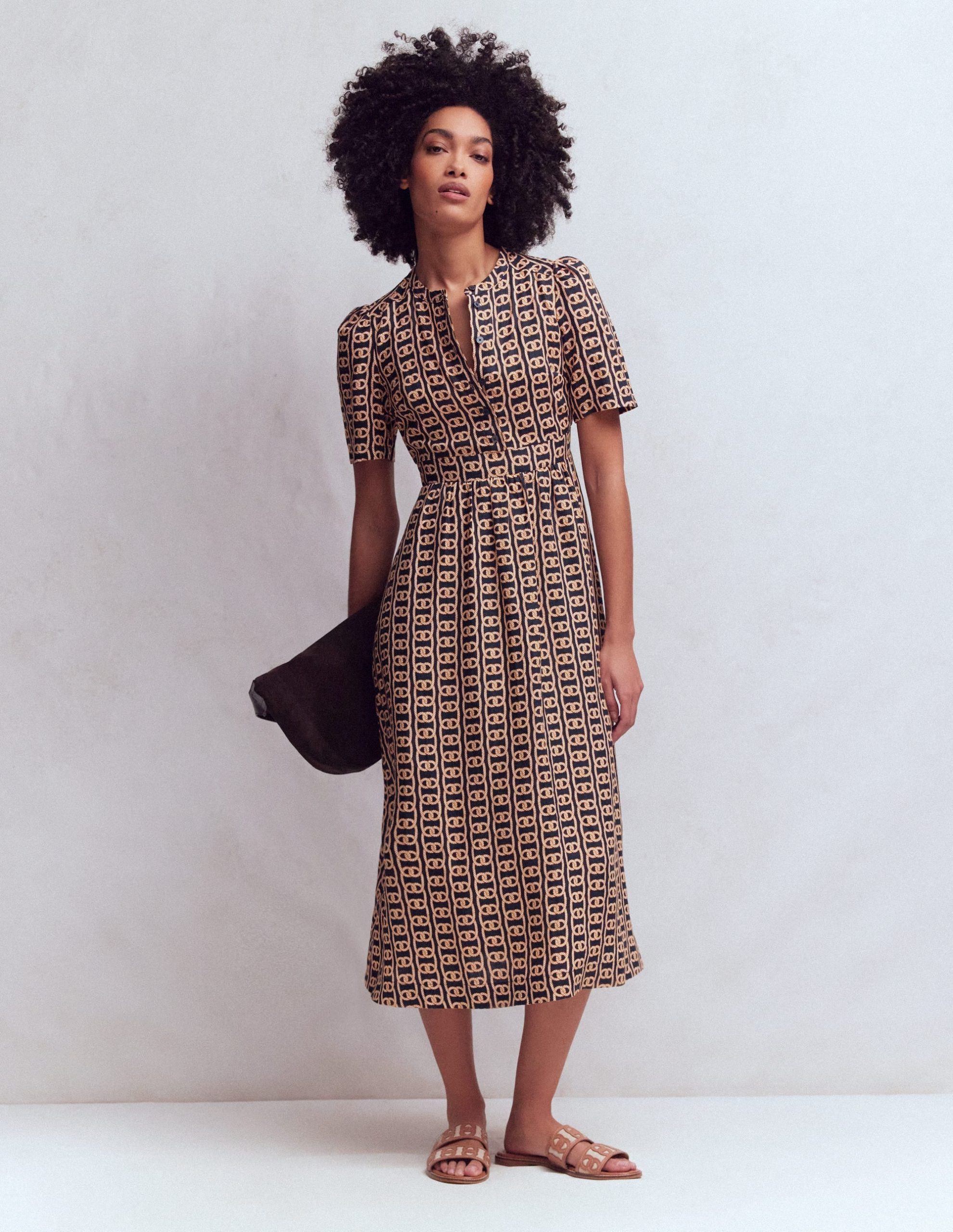 Ivy Button Linen Midi Dress-French Navy. Rope Trellis