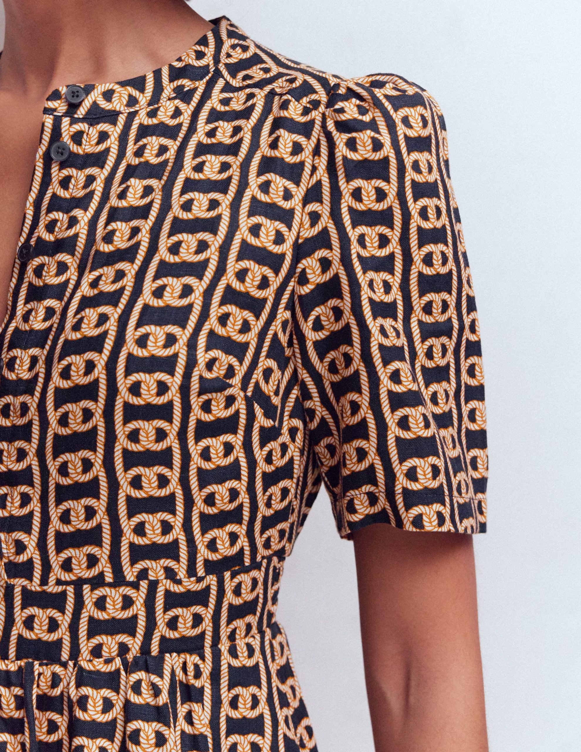 Ivy Button Linen Midi Dress-French Navy. Rope Trellis - Image 2