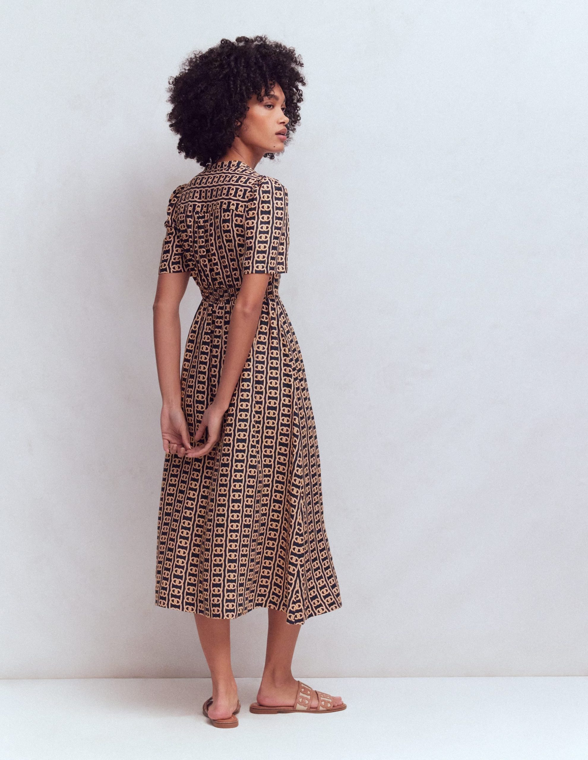 Ivy Button Linen Midi Dress-French Navy. Rope Trellis - Image 3