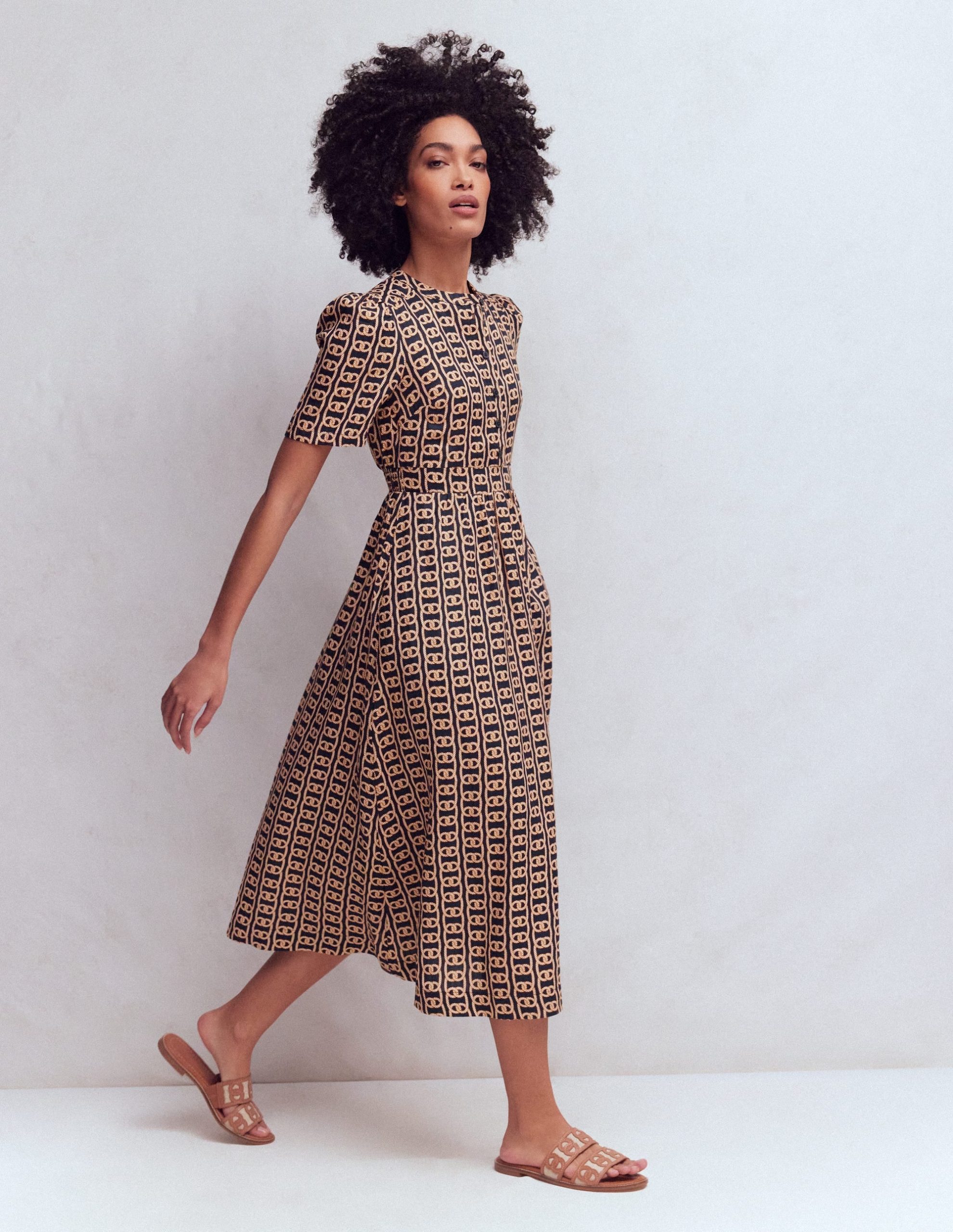 Ivy Button Linen Midi Dress-French Navy. Rope Trellis - Image 4