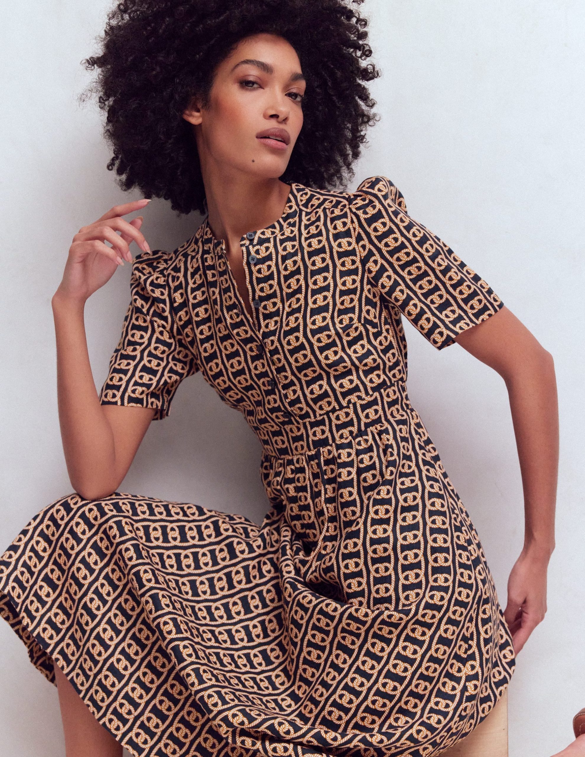 Ivy Button Linen Midi Dress-French Navy. Rope Trellis - Image 5