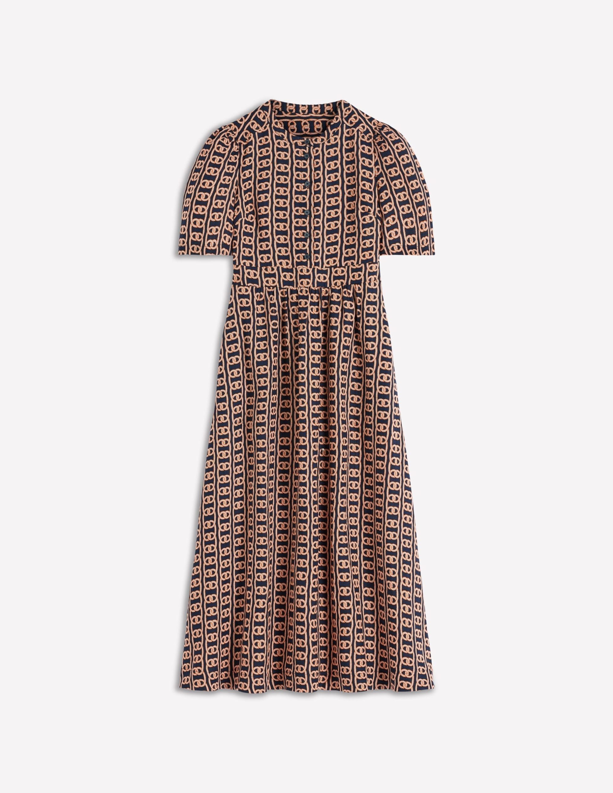 Ivy Button Linen Midi Dress-French Navy. Rope Trellis - Image 7