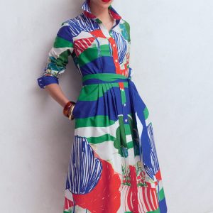 Alexa Cotton Midi Shirt Dress-Multi Abstract Valley