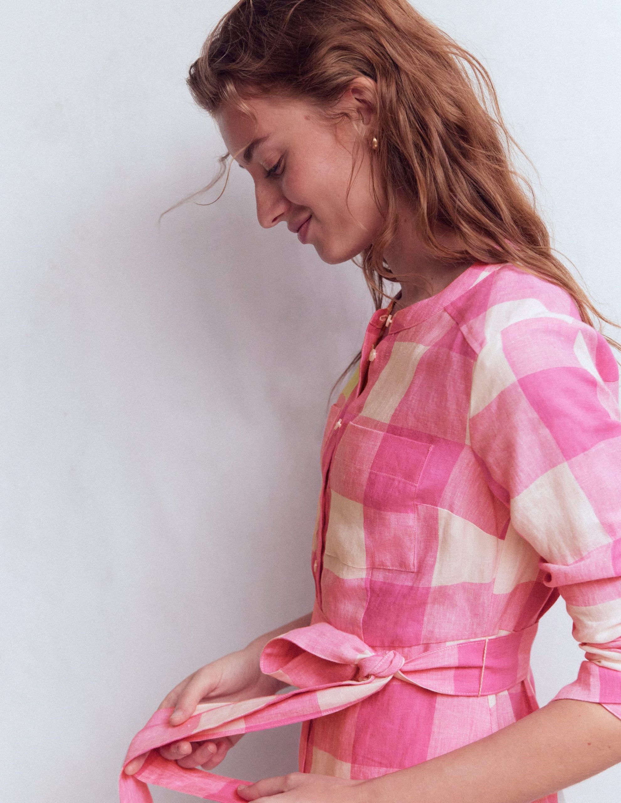 Mollie Linen Midi Dress-Pink Punch Gingham - Image 5
